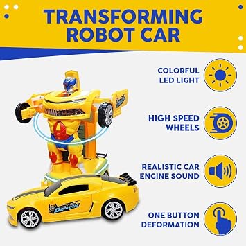 Toysery Transforming Robot Car - One Button Transformation Toy Car with Realistic Engine Sounds, LED Lights and 360 Degree Rotation Speed Drifting Function