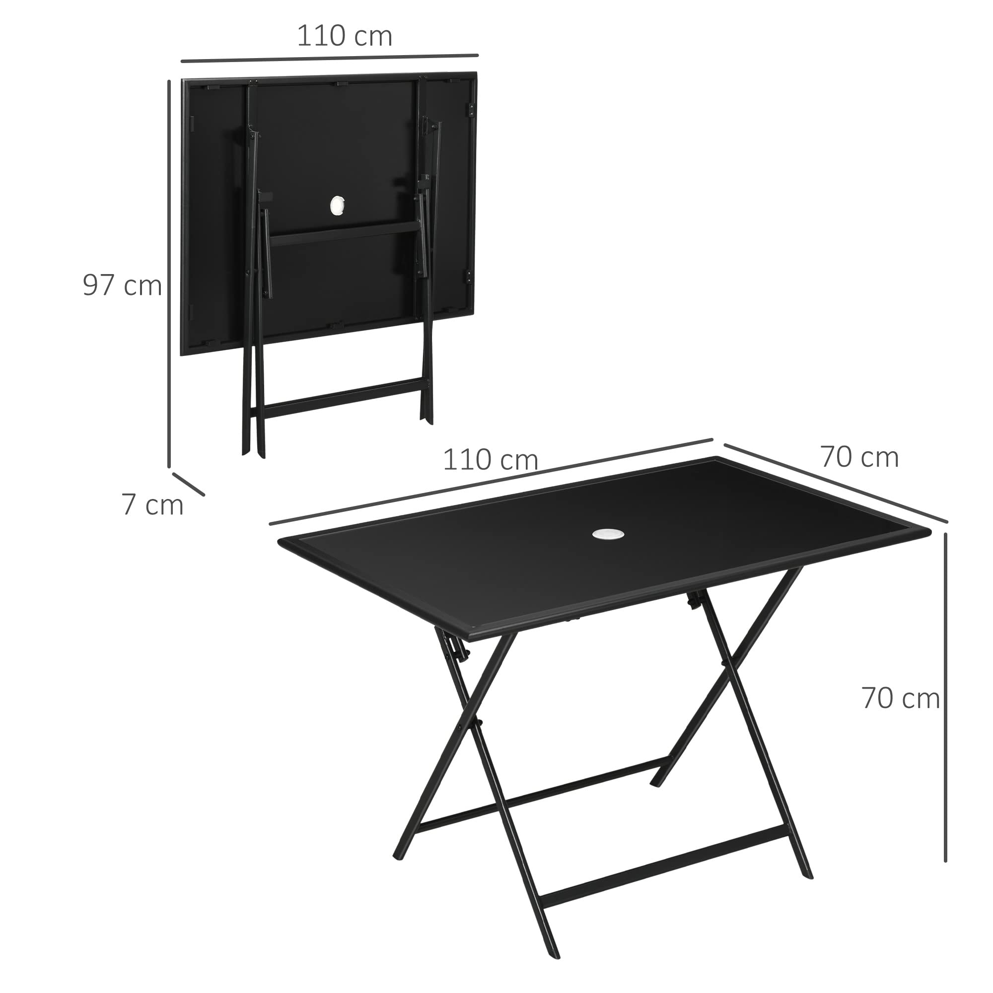Outsunny Table à Manger de Jardin Pliable pour 6 Personnes, avec Plateau en Verre trempé, Table extérieure rectangulaire avec Trou de Parasol pour Jardin, Patio, terrasse, 110 x 70 x 70 cm, Noir