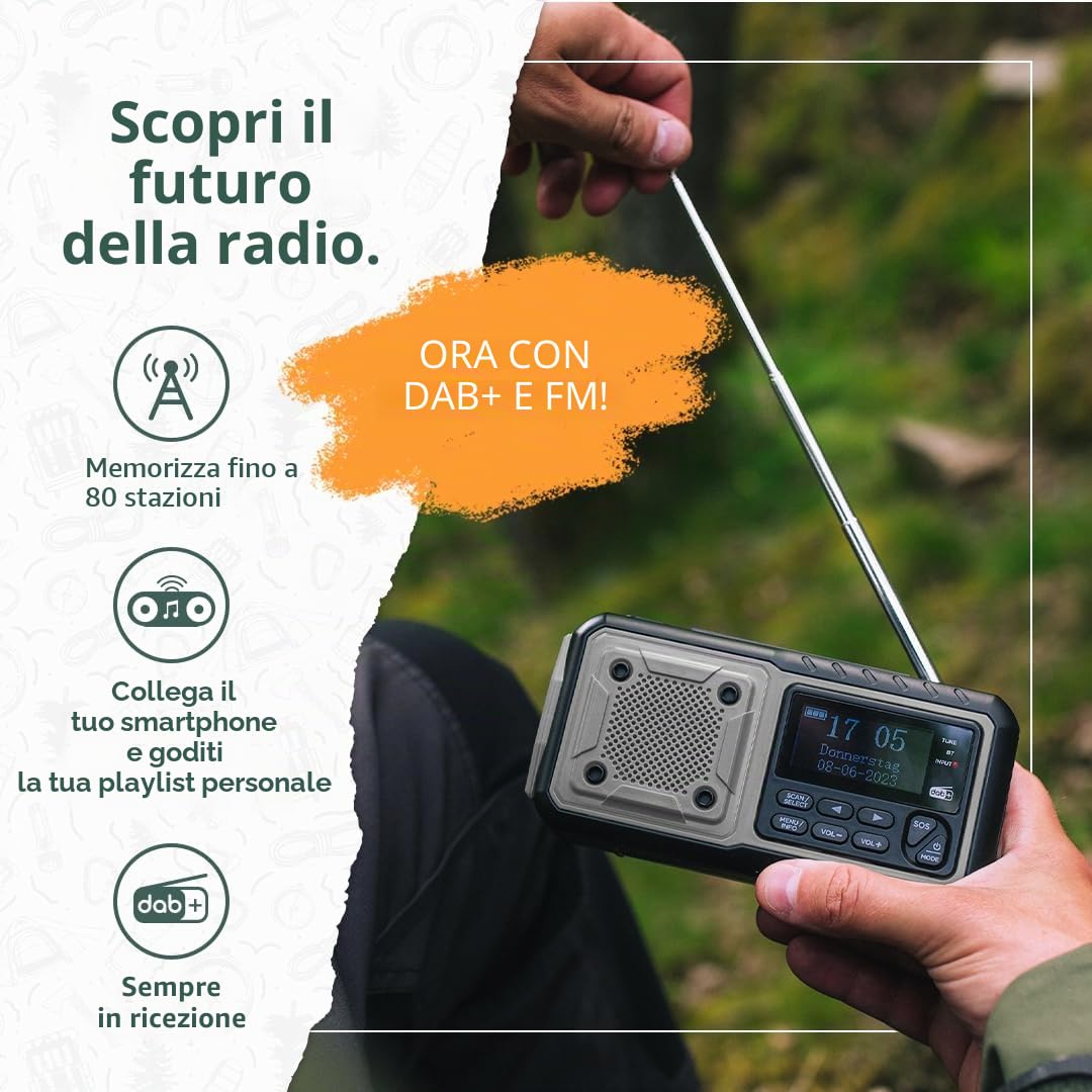 Acta Berg Radio a Manovella DAB+/FM | Radio di Emergenza con Batteria da 5000 mAh e Funzione Solare | Sveglia e SOS
