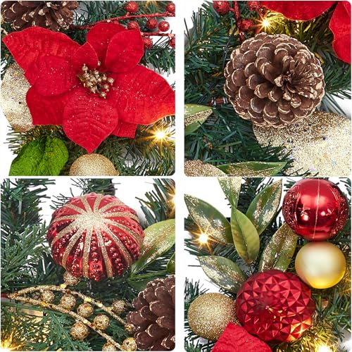 GarveeHome 6FT Christmas Garland with Lights, Prelit Mantle Christmas Garland with Battery Operated Lights Berries Red Poinsettia, Indoor Outdoor Xmas Garland for Fireplace Stairs Holiday Decorations