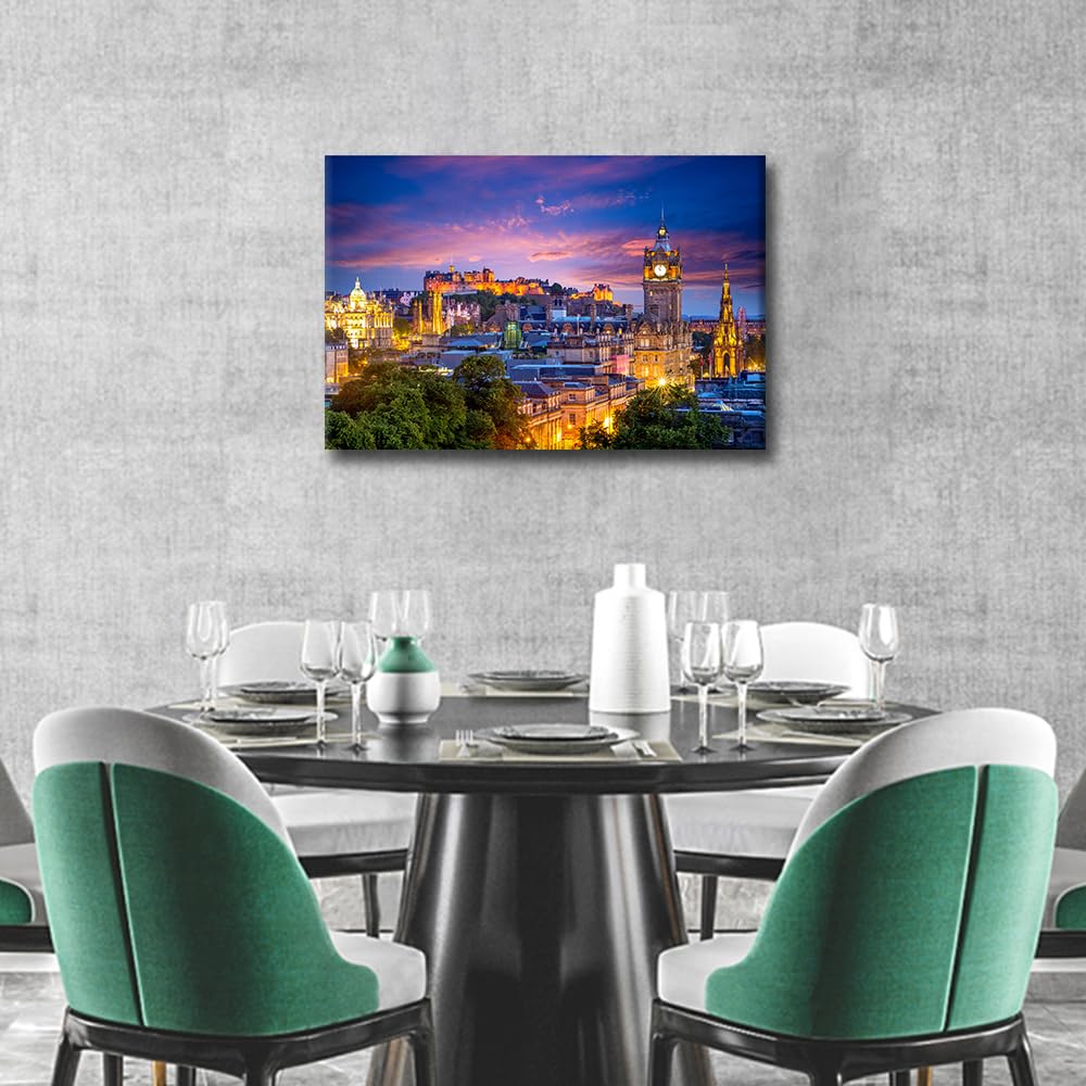 Edinburgh Night Scene View from Calton Hill Modern Cityscape Wall Art for Living Room Wall Decor City Skyline Paintings on Canvas Stretched and Framed Prints 24"x16" - Image 2