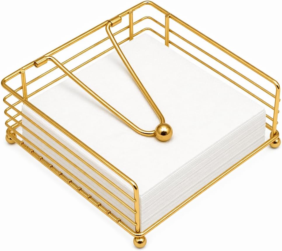 Snailhouse Napkin Holders for Table, Metal Square Farmhouse Kitchen Counter Top Dinner Cocktail Paper Napkin Holder Dispenser for Home & Outdoor, Gold