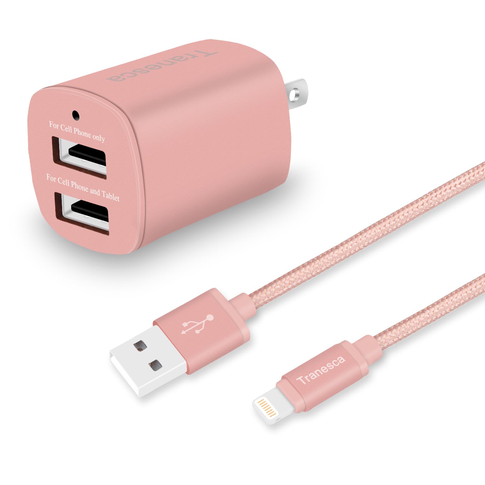 Tranesca Cargador de Pared USB Dual y Cable de Carga de 6 pies (Oro Rosa)