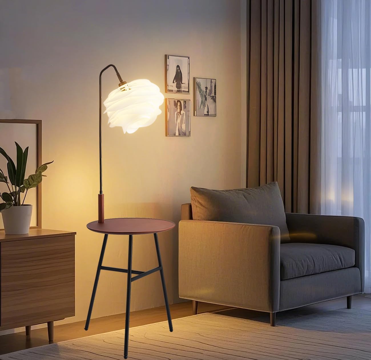 Fiqevs Flower Floor Lamp, Wood Shelf Mid-Century Modern Standing Lamp, Tripod Tall Lamp for Living Room, Bedroom, Office Decor