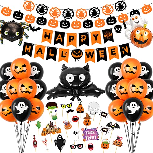 HLEIUKT Halloween Deko Set, 77pcs Halloween Party Deko, ballons Halloween Noir Orange, citrouilles, araignées et guirlande Happy Halloween, accessoires photo d'horreur Cover