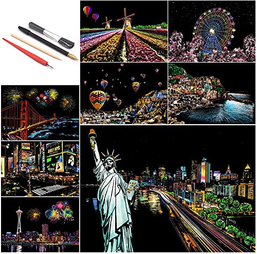 SiYear Scratch Paper Rainbow Painting Sketch, City Series Night Scene,Scratch Painting Creative Gift,Scratchboard for Adult and Kids with 4 Tools