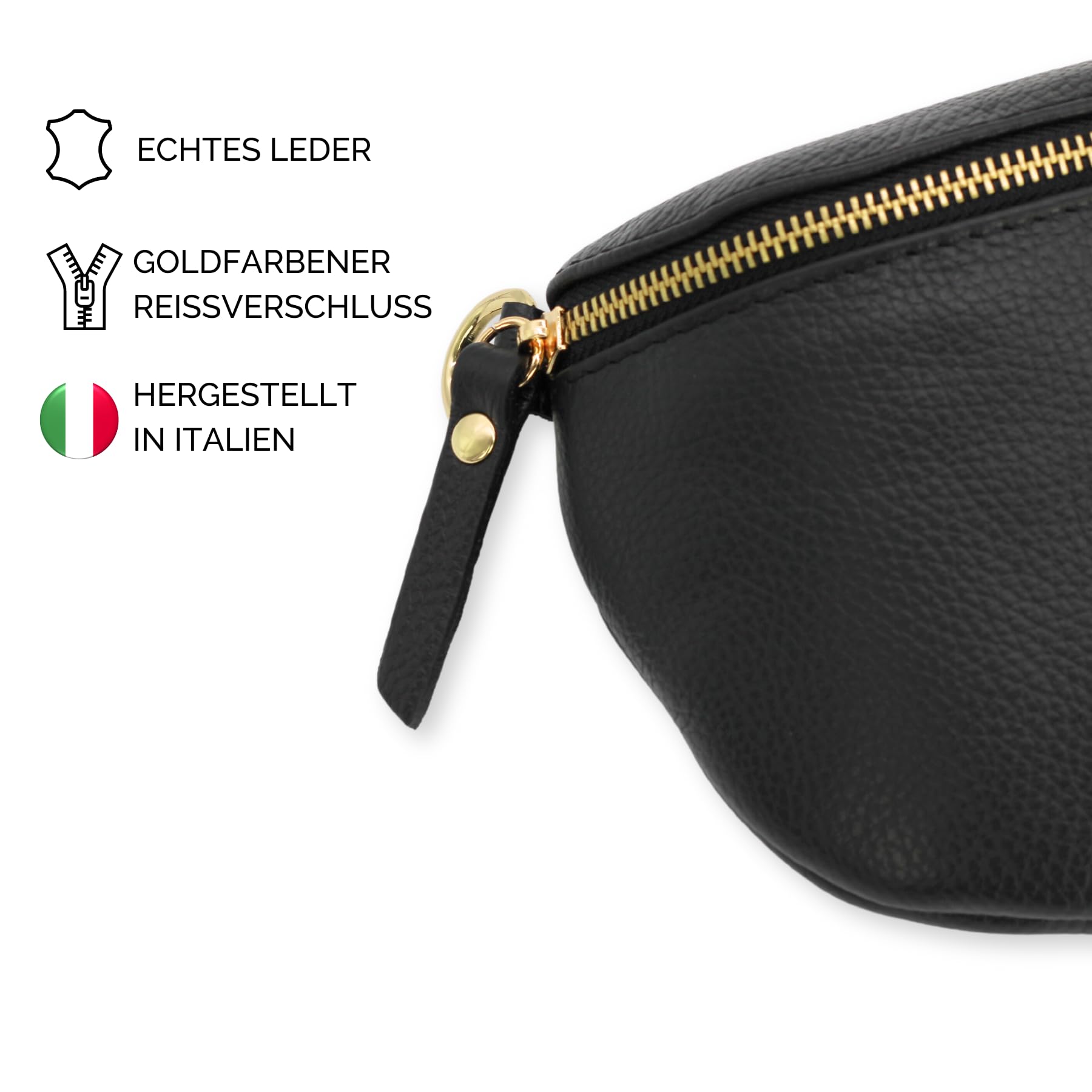BRISE - Marsupio da donna SAHEL, realizzato a mano, in vera pelle, con cintura in pelle+cinghie larghe a fantasia, elegante marsupio, made in Italy, Nero , Gold Zipper-3, Contemporaneo