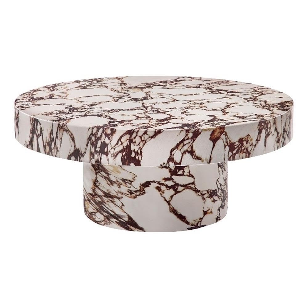 Modway Alora Round Concrete Coffee Table with Faux Stone Finish in Red Marble - Cement Accent Table for