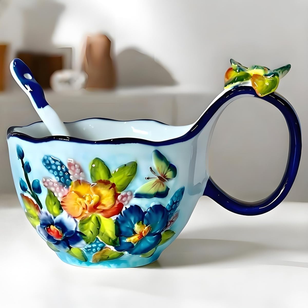 15.87 Oz Microwavable Soup Bowl with Handle, Handmade Relief Butterfly Flowers Decorative Soup Bowls with Handles, Ceramic Soup Bowl with Spoon for Holding Fruits Cereal Snack, Chili, Ice Cream, Stew