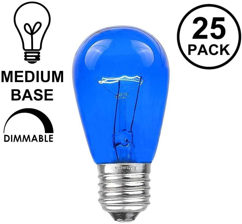 Novelty Lights 25 Pack S14 Outdoor Patio Edison Replacement Bulbs, E27 Medium Base, Blue, 11 Watt