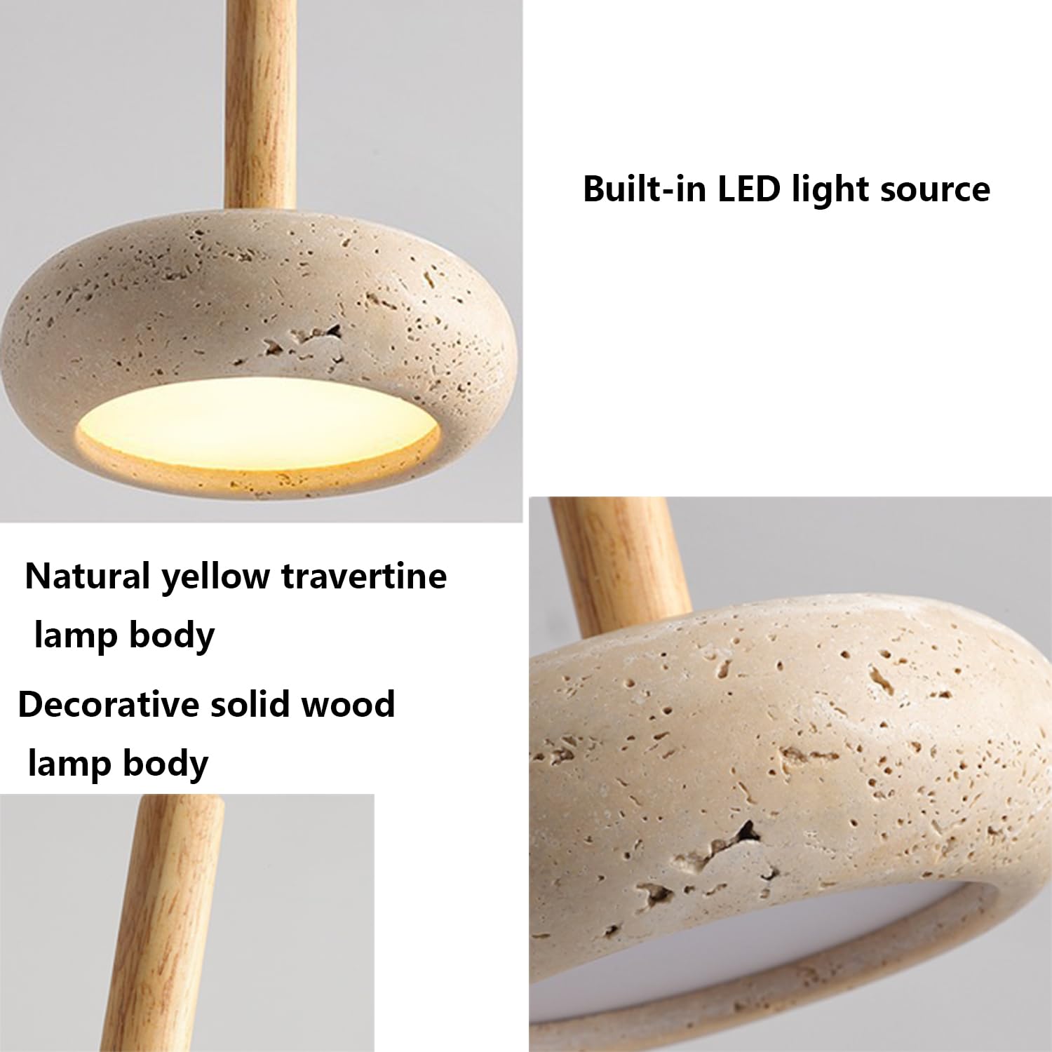 Żółty Trawertyn Wiszący Żyrandol Lampa Wisząca 5,9 Cala Naturalny Porowaty Trawertyn, Drewno, Dekoracja Artystyczna 3 Ściemnialne Lampy W Stylu Wabi-sabi W Stylu Przemysłowym