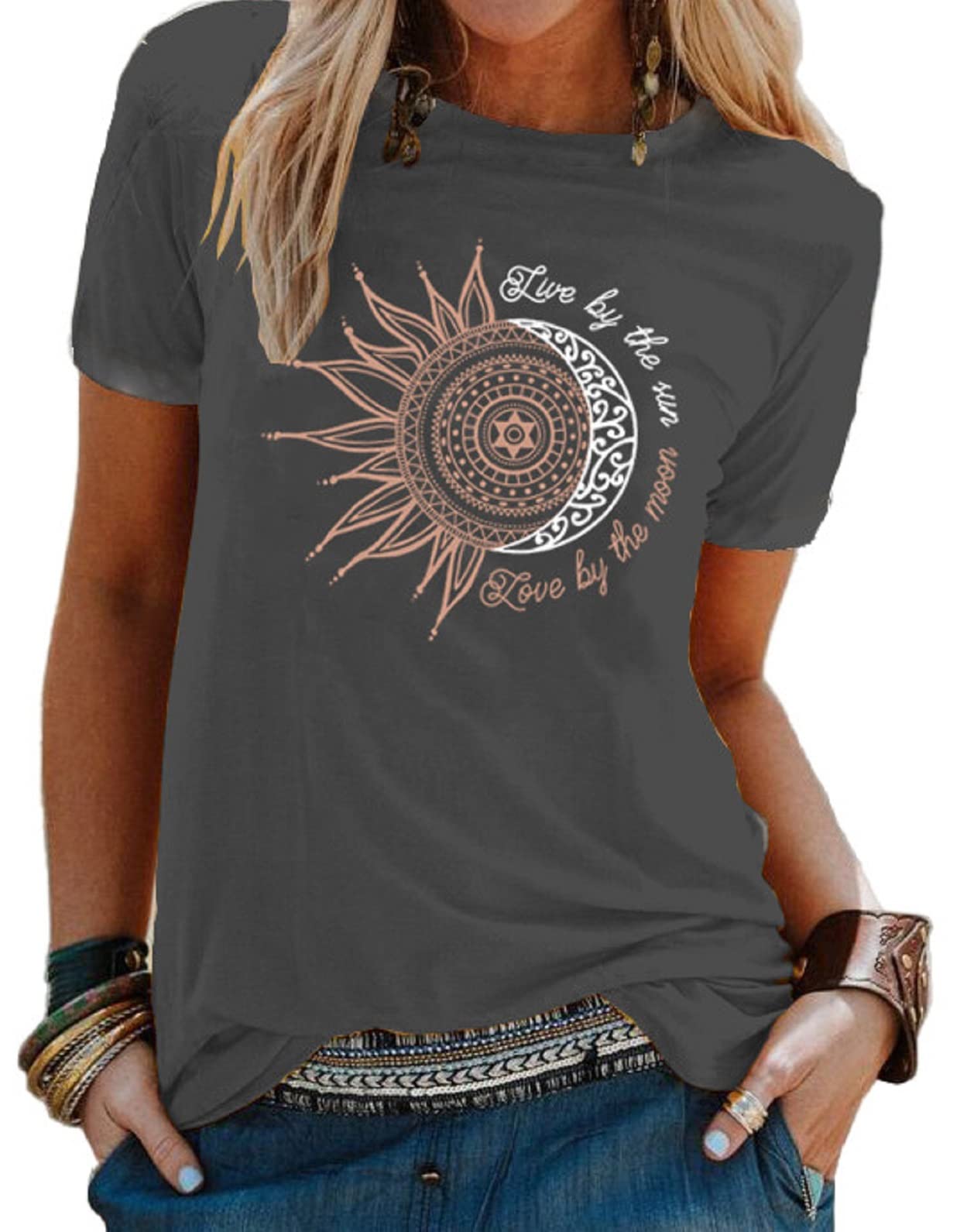 Baynetin Camisetas Mujer Manga Corta,Verano Elegante Camisas Casual Suelta Algodon Camisa Cuello en O Redondo T Shirts con Estampado
