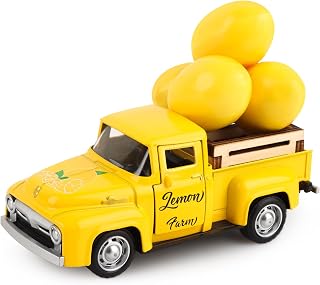 Lemon Metal Truck Lemon Home Kitchen Decorations with 4 Pcs Plastic Lemons Vintage Farmhouse Tabletop Tiered Tray Decor for Summer Home Kitchen Mantel Shelf Bookshelf Mini Diecast Truck Decorations