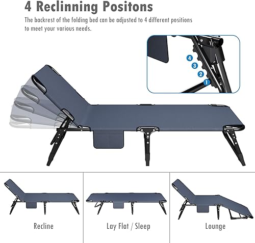 Miniatura 4 de ATORPOK Catre plegable para adultos con colchón acolchado y almohada, tumbona reclinable ajustable, ideal para camping, viajes, jardín u oficina,