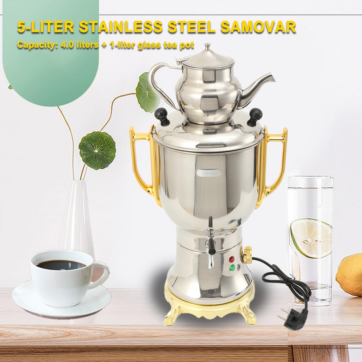 Edelstahl Holzkohle Samowar 5L, Russischer/Türkischer Samowar Elektrischer Teekocher, 4.0L Wasserbehälter + 1.0L Teekanne, 1800W Teekocher elektrisch für Hotel & Gastro geeignet