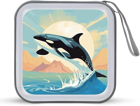 Orca in The Sea CD Case 40 Capacity Protective DVD Cases with Zipper Portable CD Collection Bag DVD Boxes Holder with Handle for Movie Blu Ray Audio Disk Music