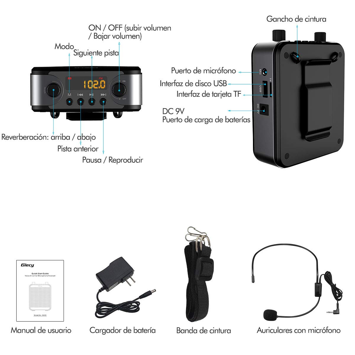 Tragbarer Sprachverstärker mit Mikrofon, 30 W, wiederaufladbarer Akku, 2800 mAh, Lautsprecher-System, Sprachverstärker, leicht, für Lehrer, Reiseleiter, Sporttrainer, Moderator (schwarz)