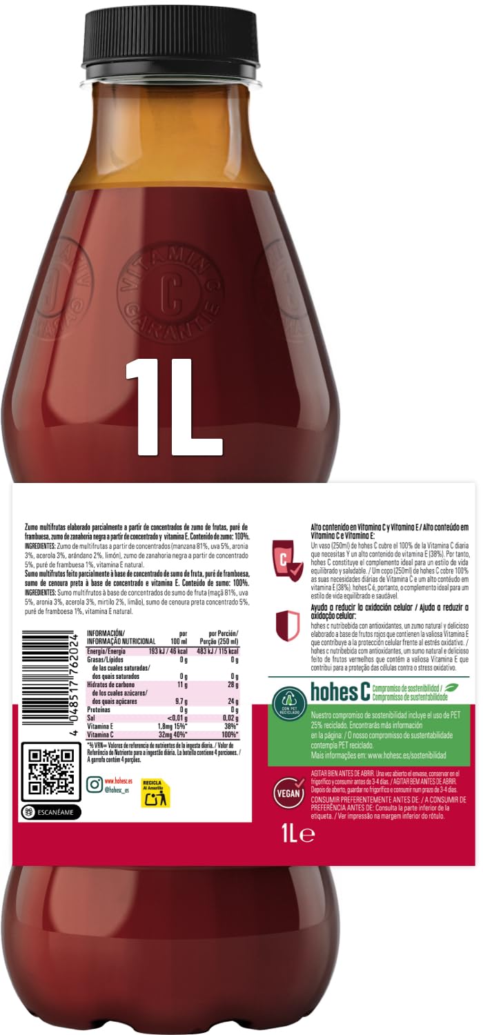 hohes C Nutribebida Antiox con Vitamina E - Zumo de Manzana, Uva, Aronia, Acerola, Arándano, Zanahoria Negra y Limón 100% natural 1L