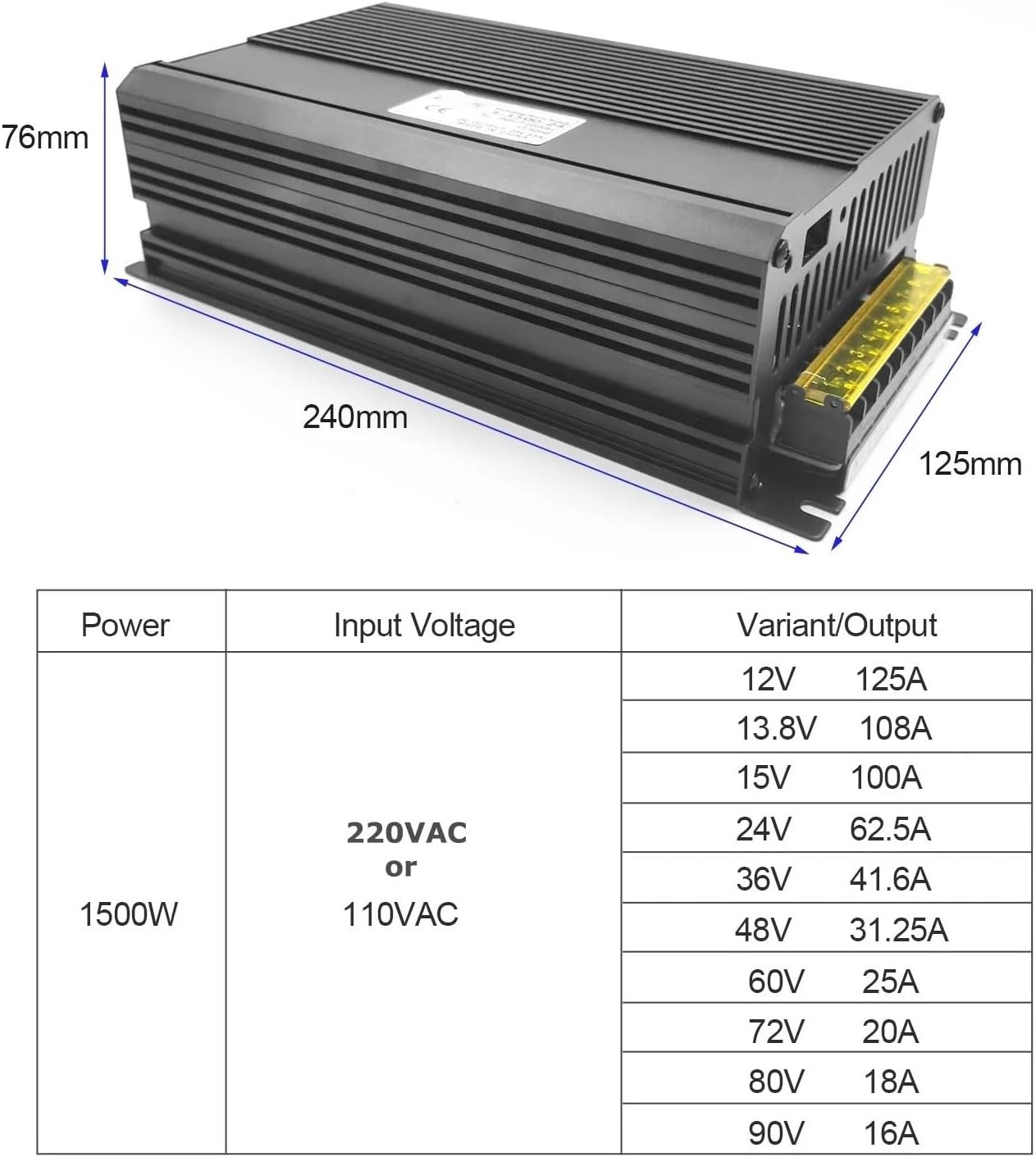 1500W Switching Power Supply Output 12V 15V 24V 36V 48V 50V 60V 72V 80V 90v(15V 100A)