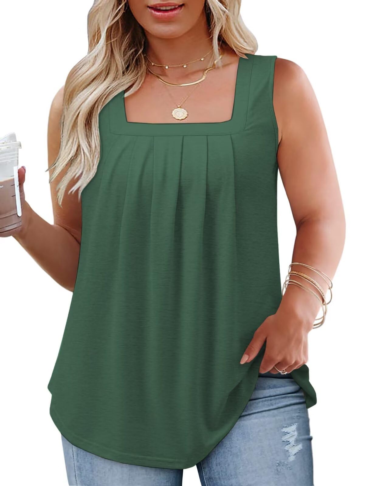 DOLNINE Womens-Plus-Size-Tank-Tops Casual Sleeveless Square Neck Flowy Tunic Shirts XL-5XL