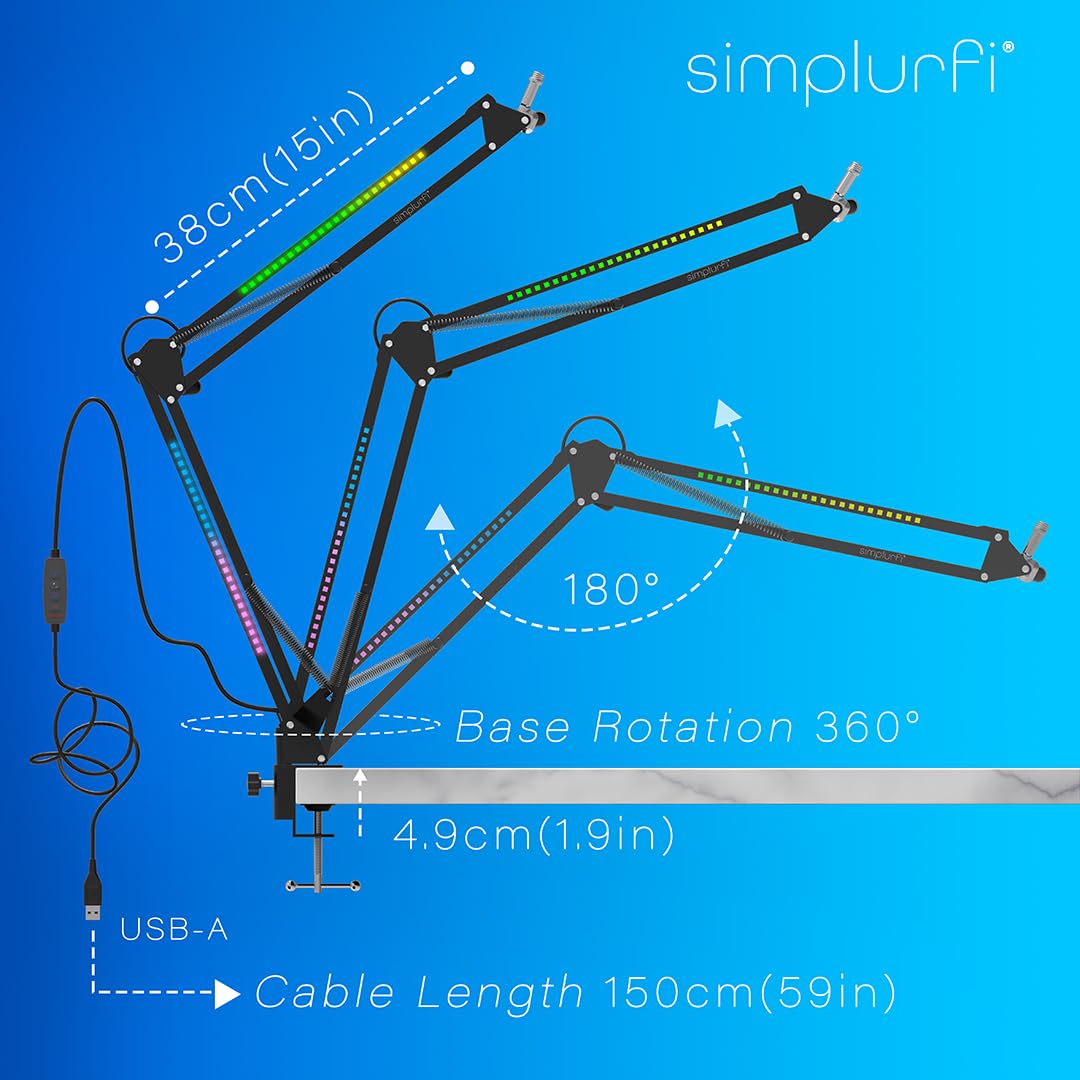 SIMPLURFI RGB Boom Arm, Adjustable Mic Stand with Desk Mount Clamp and Mic Clip, Compatible with HyperX Quadcast, Blue Yeti - Image 3