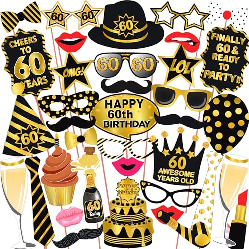 Wobbox 60th Birthday Photo Booth Party Props - Black & Golden Dec...