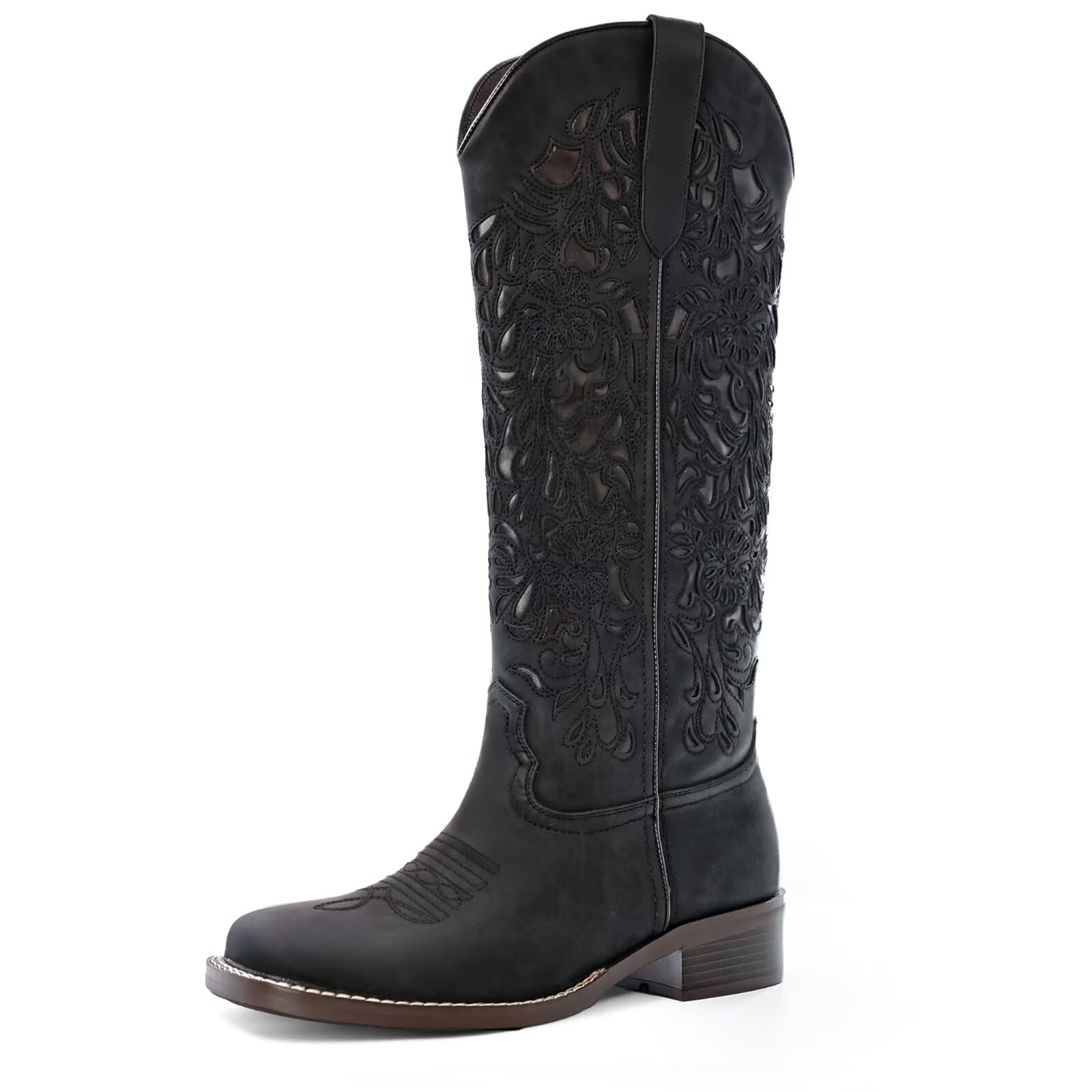 Womens Cowboy Boots Cut Out Floral Embroidered Cowgirl Boots Low Block Heel Comfortable Pull On Western Square Toe