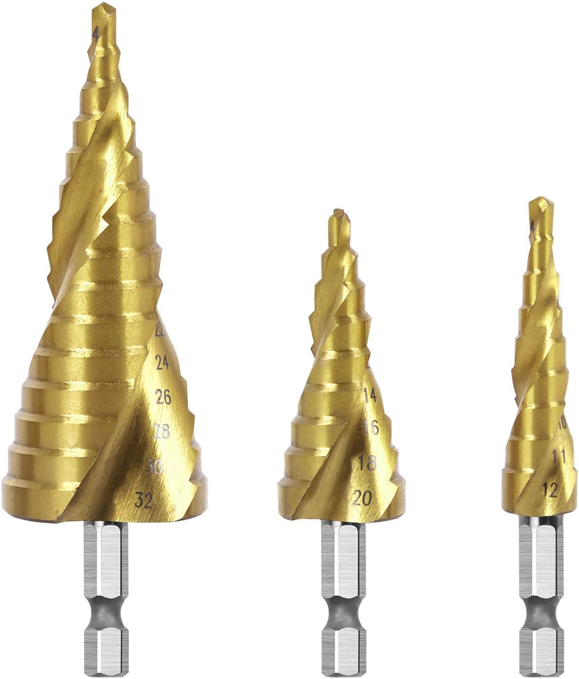 LESOLEIL Step Drill Bit Set Cone Step Spiral Groove Hole Cutter - HSS 3pcs 4-12/20/32mm Titanium for Wood Stainless Steel Sheet Metal
