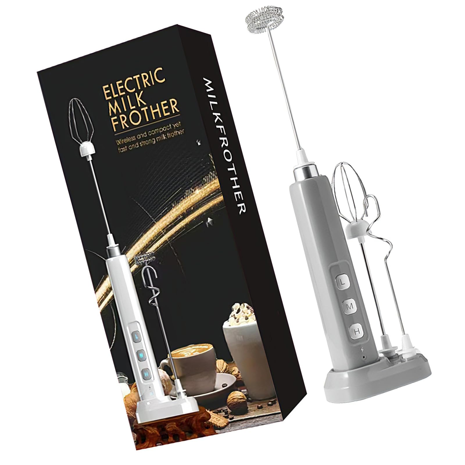 Elnwnnkc Rechargeable Electric Milk Frother with Detachable Metal Heads 3 Speed Modes 1200mAh for Coffee and Baking Battery Milk Frother for Coffee