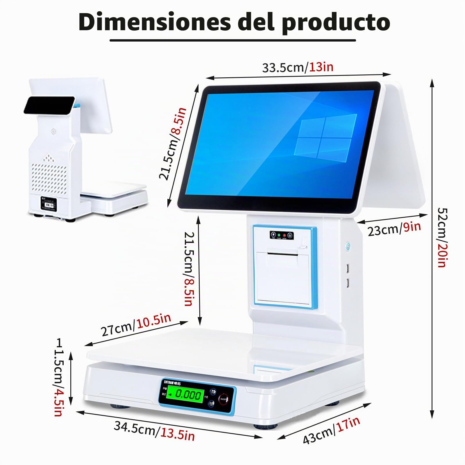 TPV con Báscula, Pantalla Táctil Capacitiva De 15,6", Terminal TPV con Escáner Portátil Y 10 Rollos De Papel, Caja Registradora con Teclado E Impresora. para Restaurantes Singlescreen