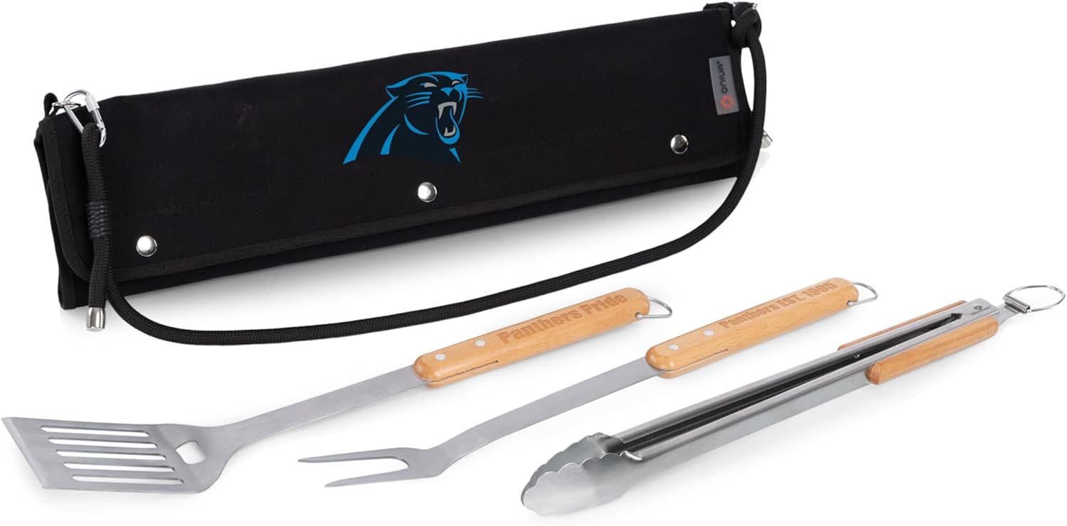 Picnic TIME NFL Carolina Panthers BBQ Roll Up 3 Piece Set, BBQ Accessories with Beechwood Grill Tools, Grilling Accessories for Barbecue, BBQ Grill Set with Canvas Tote Carrier, (Black)