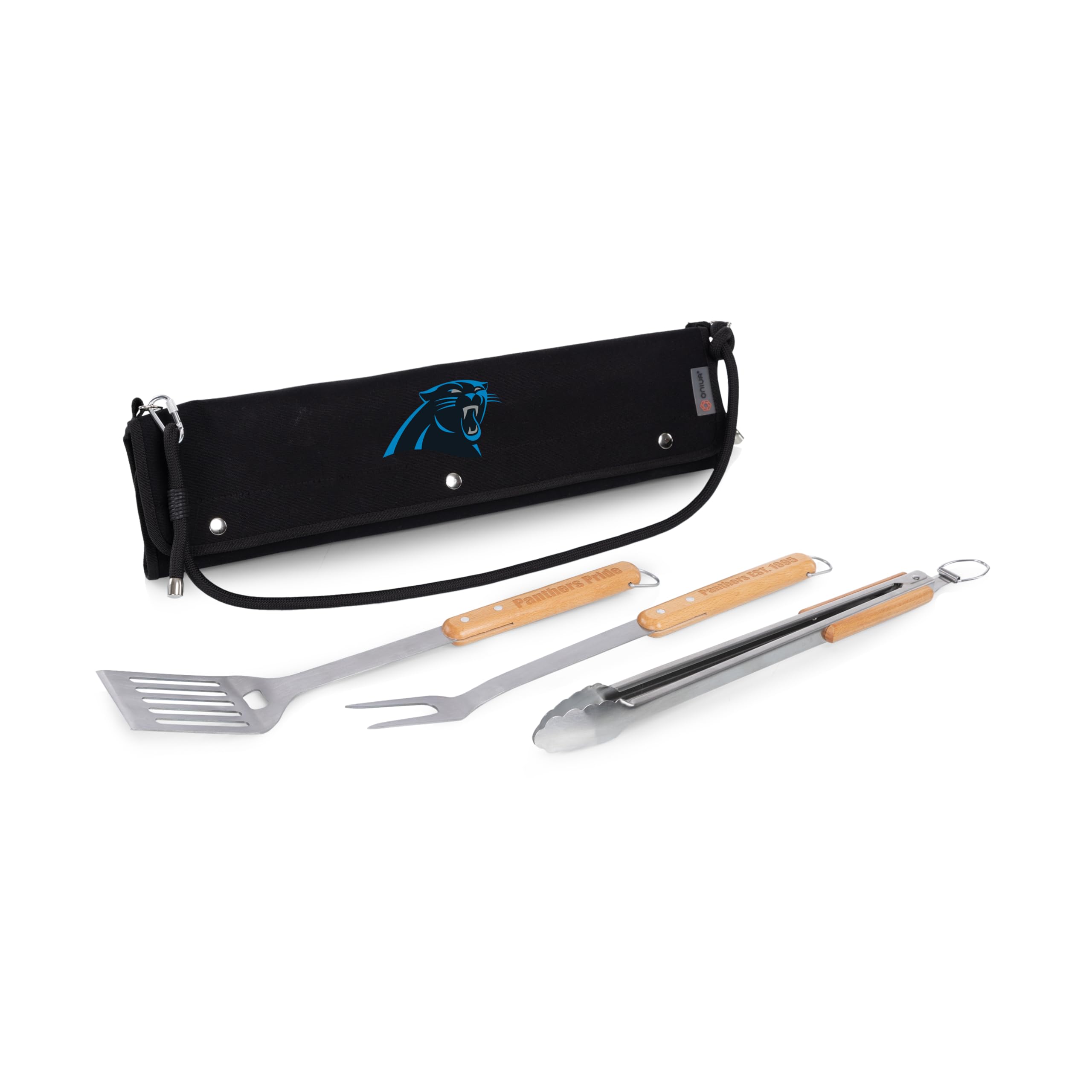 Picnic TIME NFL Carolina Panthers BBQ Roll Up Set di 3 pezzi, accessori per barbecue con strumenti per griglia in legno di faggio, accessori per griglia per barbecue, set per barbecue con borsa in