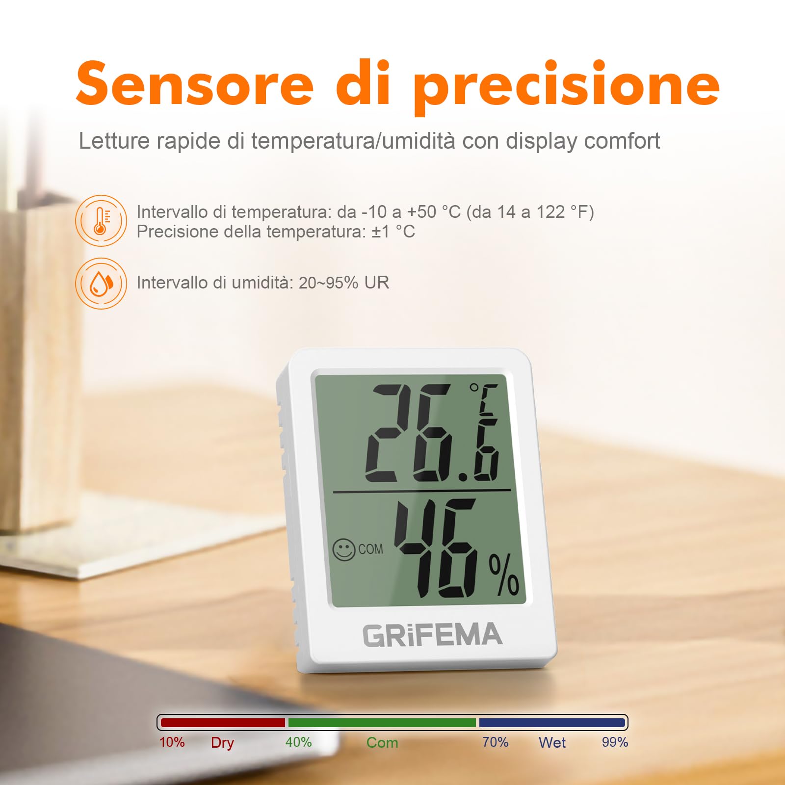 GRIFEMA GA2902 Mini Termometro Digitale Interno Igrometro, Misuratore di Umidità, Bianco