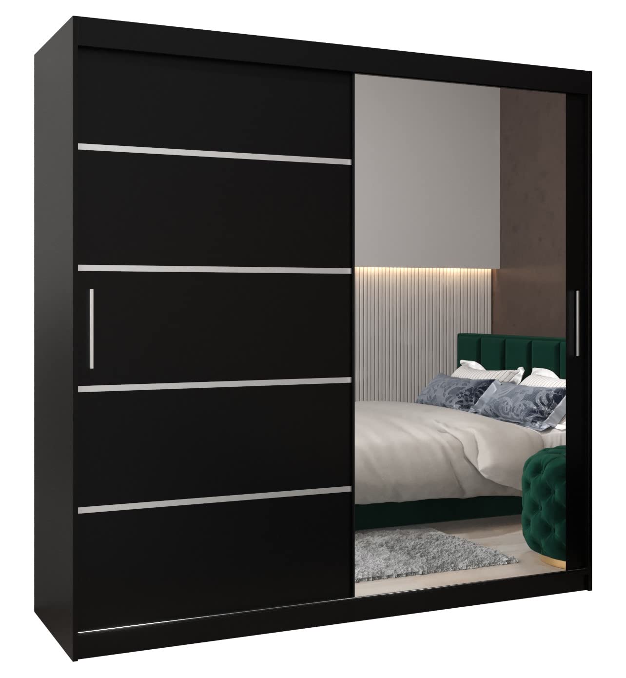 ABIKSMEBLE Verona 2 200 Armadio da Camera a Due Ante Scorrevoli - Armadio Moderno con Specchio, Barra e Ripiani - 200x200x62 cm (L x A x P) - Nero Opaco