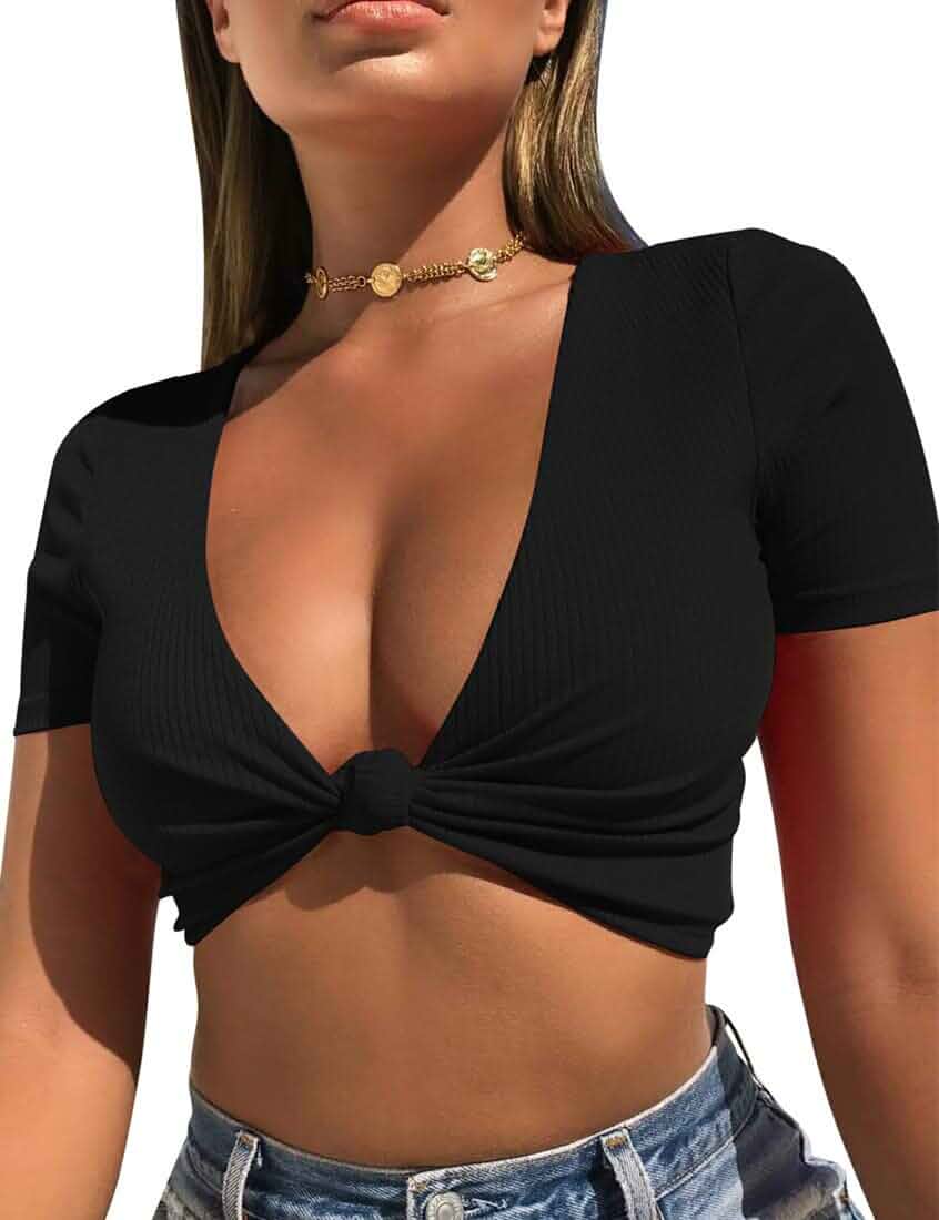 Mizoci Womens Sexy Tie Front Deep V Neck Short Sleeve Crop Tops Basic Casual T Shirt Summer Beach Vacation Going Out Club Party Top