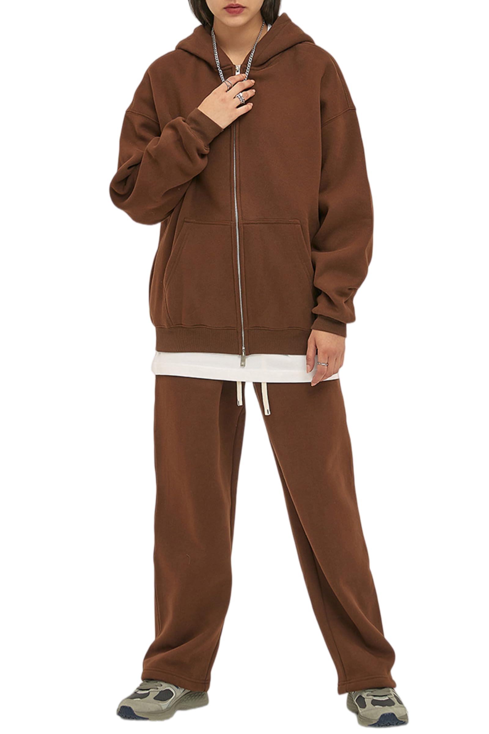 Dres, kurtka dresowa, bluza z kapturem, z zamkiem błyskawicznym, spodnie do joggingu zimowego, kawa, L | Kurtka polarowa unisex z zamkiem błyskawicznym i spodniami do biegania, ciepła i wygodna do codziennego użytku