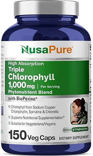 NusaPure Complejo triple de clorofila de 1000 mg (cápsulas veganas, sin OMG y sin gluten, bioperina) de alta absorción
