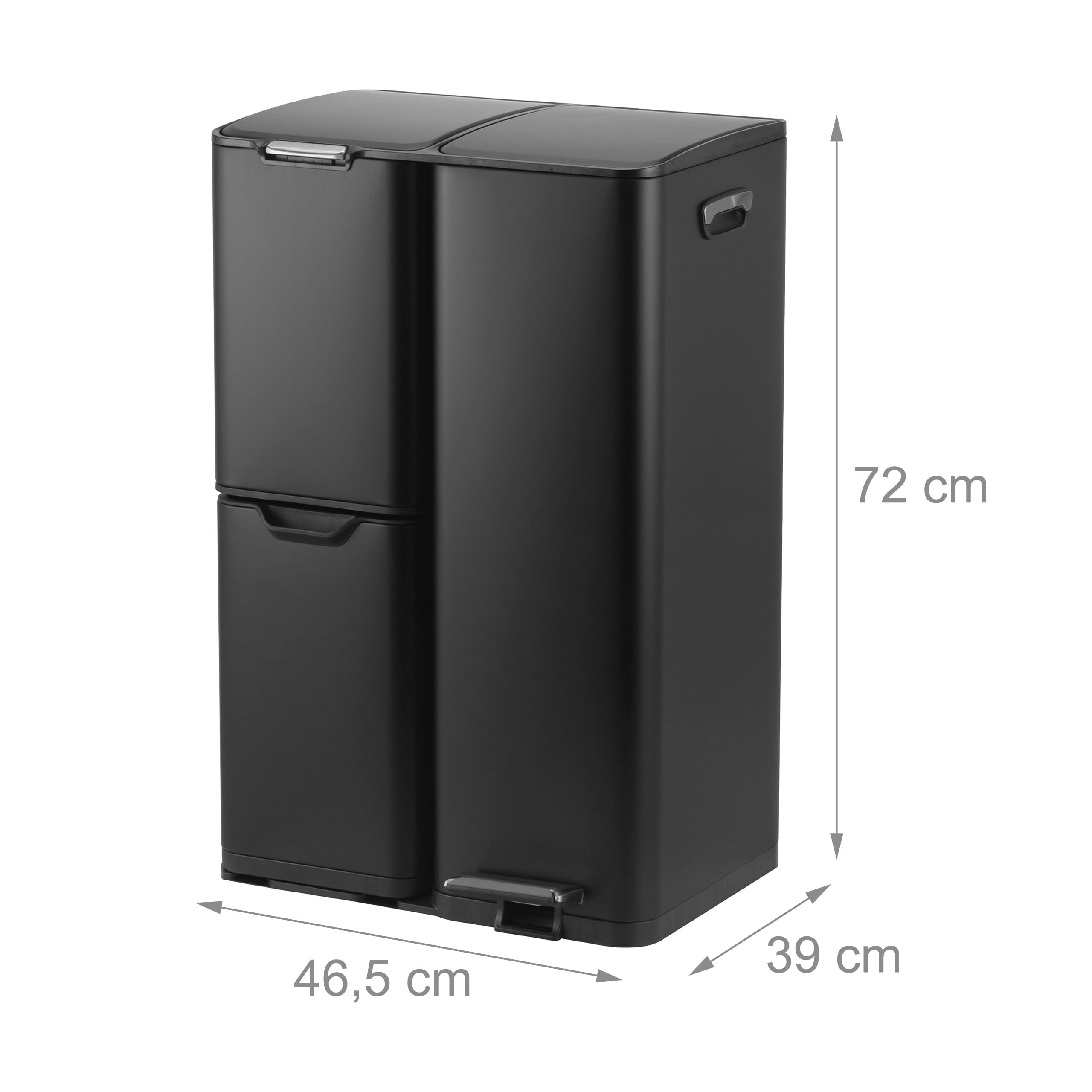 Papelera Relaxdays 3 compart., 60 L, Cubos extraíbles, Cierre Suave, Pedal, Acero INOX, Separador residuos Cocina, Negra