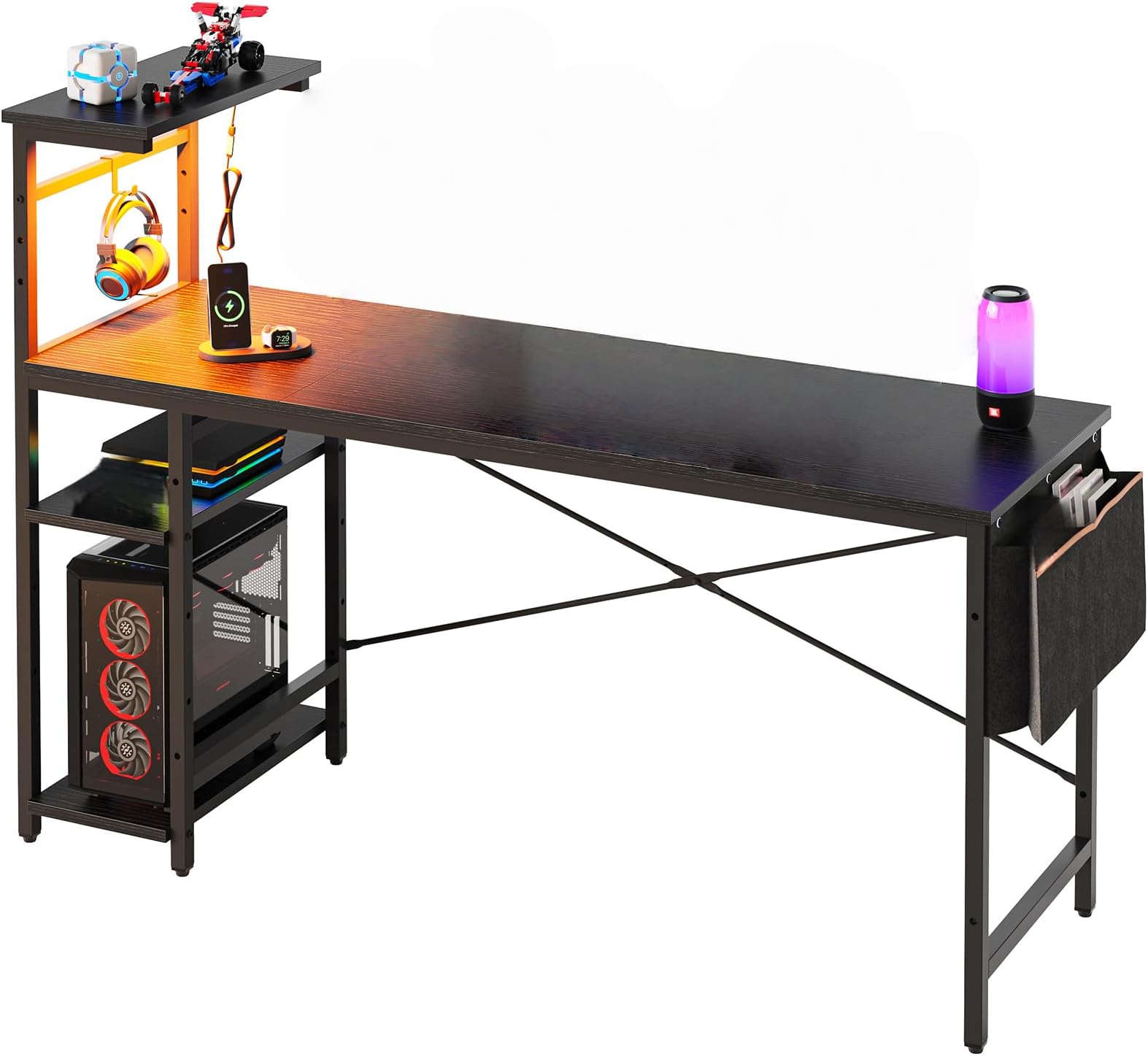 61 Inch Gaming Desk with LED Lights, Reversible Shelves, Height Adjustable Shelf, Steel Frame, CARB P2 Class Board, Black 3D Carbon Fiber
