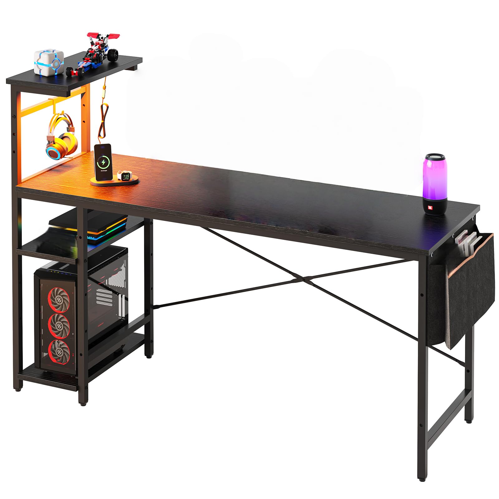 Bestier 61 Inch Gaming Desk with LED Lights, Reversible Shelves, Height Adjustable Shelf, Steel Frame, CARB P2 Class Board, Black 3D Carbon Fiber