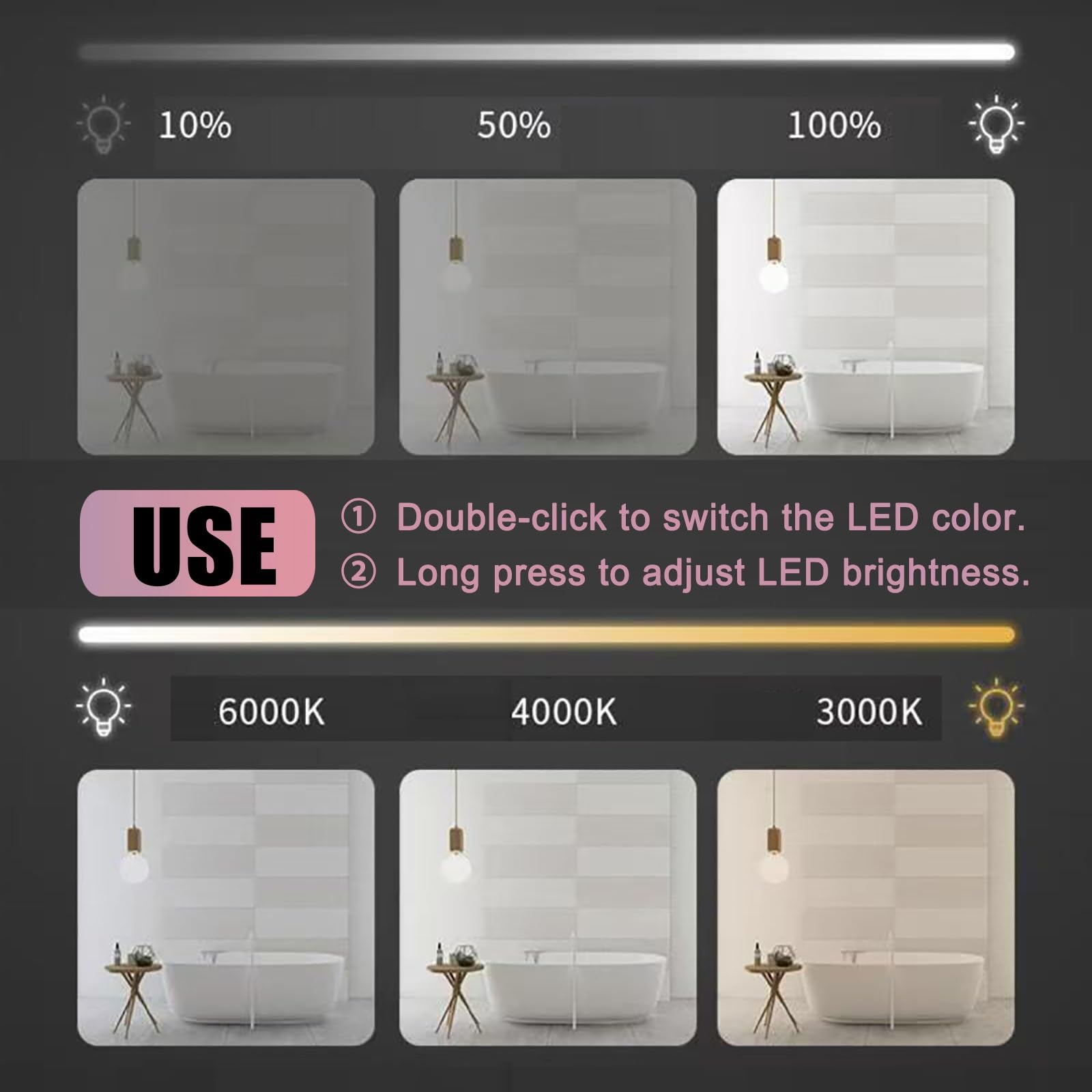 Podświetlane lustro do makijażu LED do łazienki, oświetlenie 3-kolorowe (6000K-4000K-3000K), aluminiowa rama, wodoodporne i przeciwwybuchowe (złoty, pionowy, 40 x 60 cm)