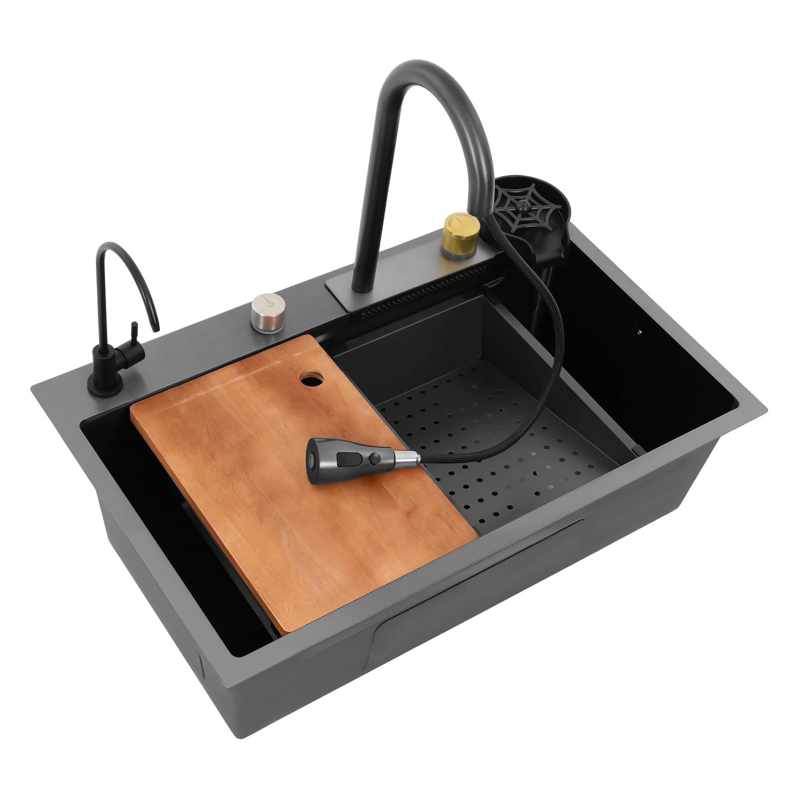 Fregadero de cocina negro de acero inoxidable, 68 x 45 x 21 cm, lavabo de cocina con grifo extraíble, tabla de cortar, limpiador de cristales, estación de trabajo para bar, restaurante, etc
