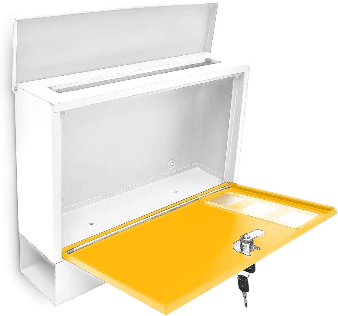 Relaxdays Modern Coloured Mailbox Letterbox Lockable with Two Keys & Newspaper Slot, White/Yellow