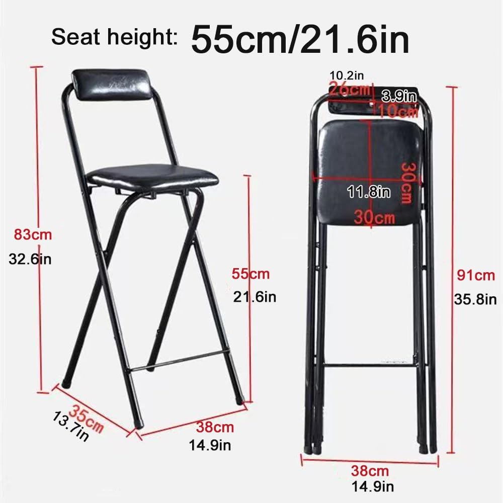 Silla Plegable con Respaldo, Taburete Alto Plegable De Acero, Taburete Plegable Alto para Barra, Silla De Cocina con Cojín De Cuero para Tienda, Café, Comedor(Black,55cm/21.6in)