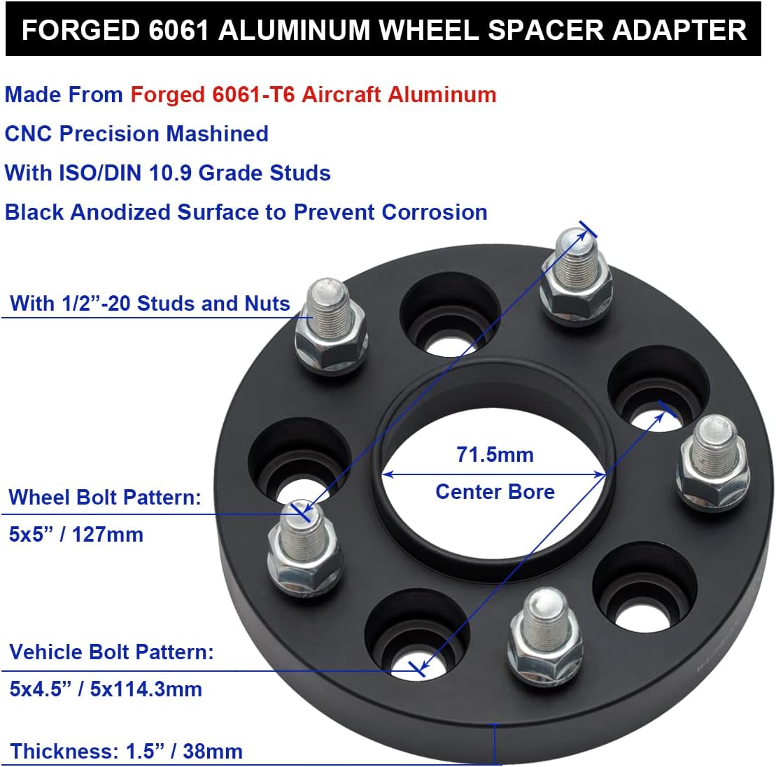 Black Forged 5x4.5 to 5x5 Hubcentric Wheel Adapters 1.5 Inch with 1/2" Studs Compatible with Jeep 5 Lug 5x114.3 to 5x127 for Wrangler Cherokee Liberty Comanche XJ KJ KK YJ TJ ZJ MJ -Pack of 4