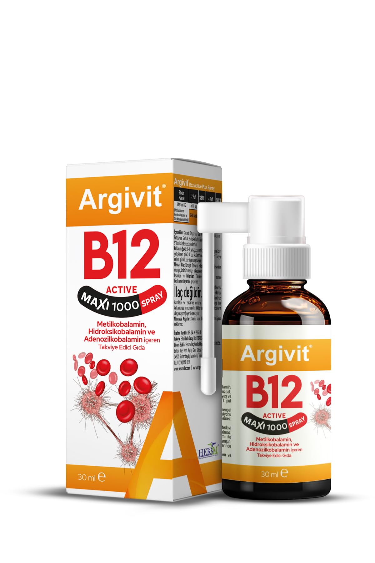 Argivit B12 Active Maxi 1000 Sprey 30 ml Metilkobalamin, Hidroksikobalamin ve Adenozilkobalamin