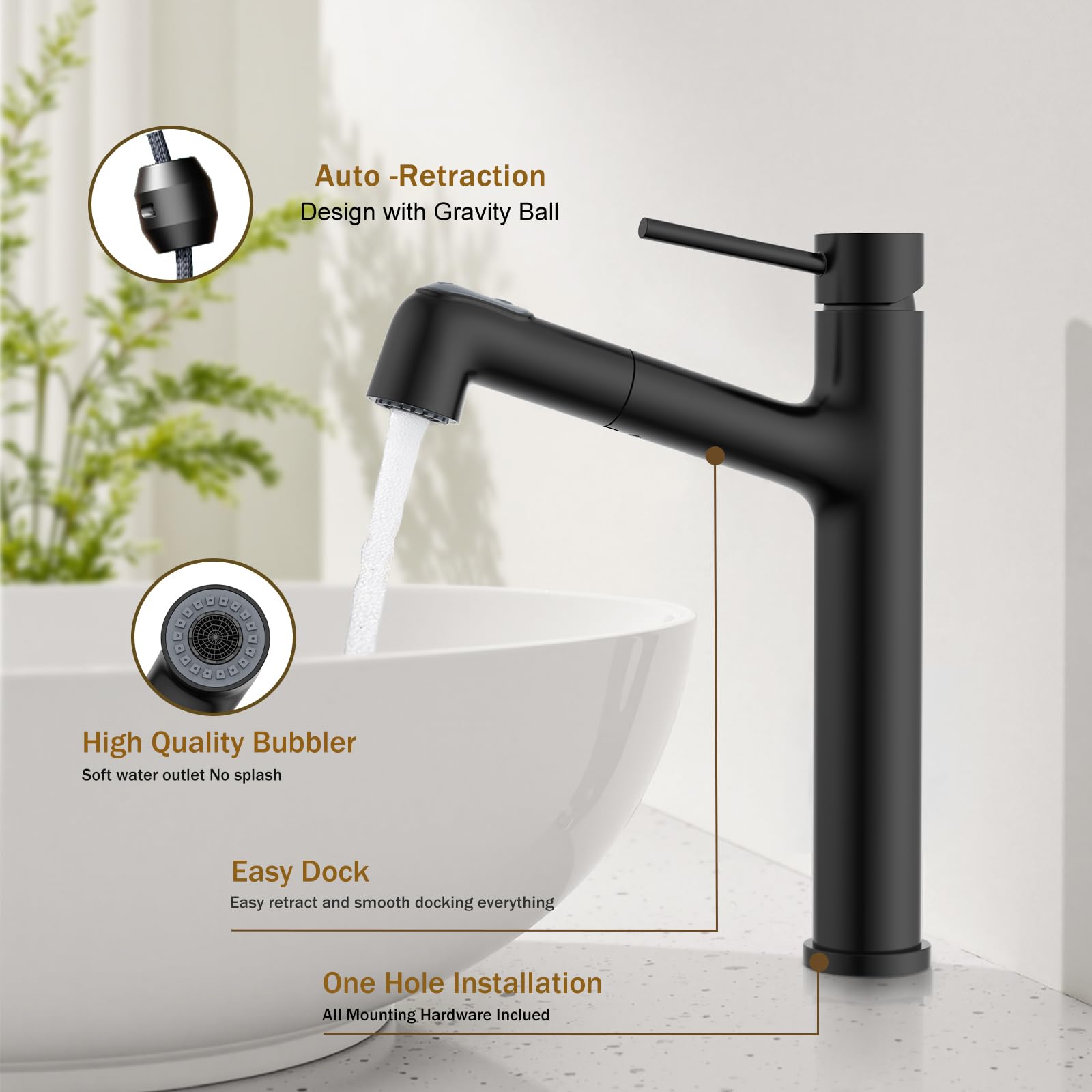 HURRAN Rubinetto Bagno Lavabo, Miscelatore Alto per Lavabo, Miscelatore Estraibile con 2 Modalità di Erogazione, Rubinetto Bagno Monocomando in Acciaio Inox, Nero Matte