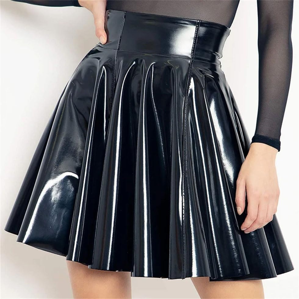 Women's High Waist Bright Leather Mini Skirt Flared Pleated A Line Circle Skater Clubwear3