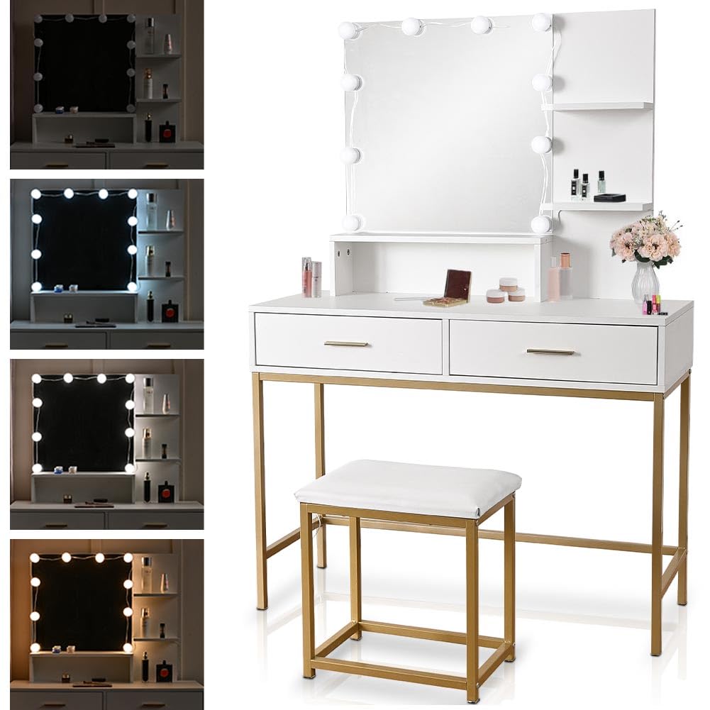 Shally Dogan Toeletta Trucco con Sgabello Modello Sofia con 10 Lampade Led, Specchiera con Tavolo e Cassetti in Legno Bianco, Seduta Comoda Imbottita, Specchio Postazione Make Up, Luce Fredda e Calda