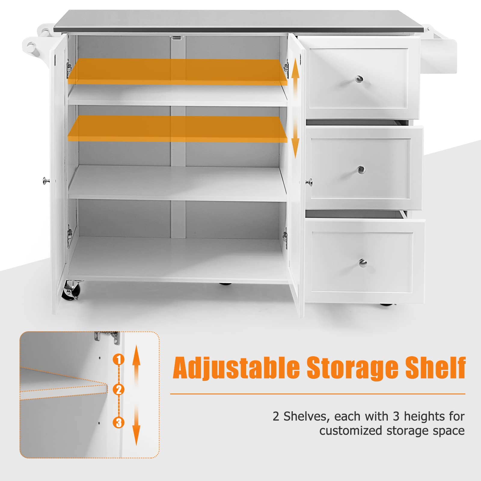 KOMFOTTEU Isla de Cocina con Encimera de Acero Inoxidable, Carrito de Servicio con 3 Cajones, Toallero y Estantes Ajustables, Armario de Cocina con 5 Ruedas, 135 x 45,5 x 91,5 cm (Blanco)